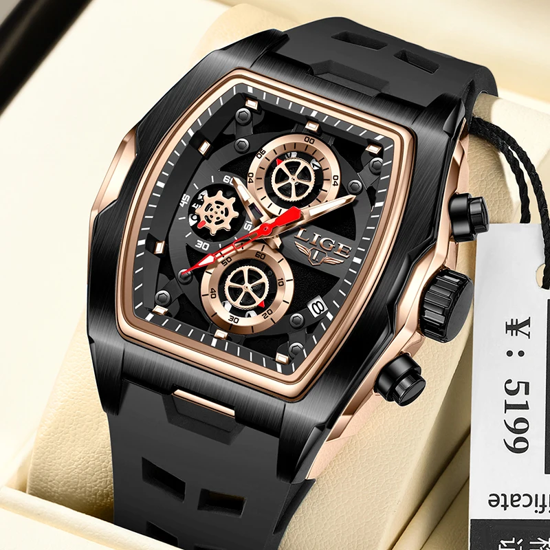 LIGE موضة جديدة سيليكون ساعة مربعة الرجال العلامة التجارية الفاخرة العسكرية الطلب الكبير الرجال ساعة رياضية مقاوم للماء كوارتز كرونوغراف