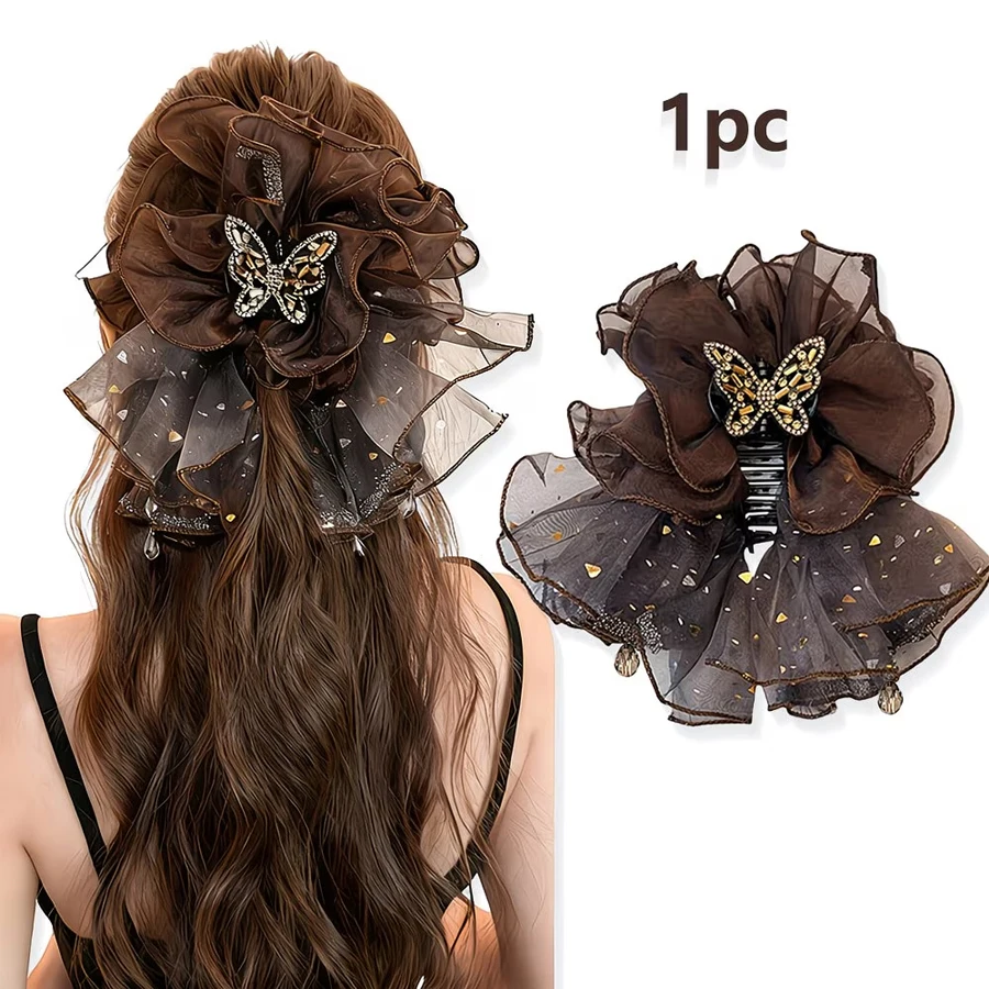 1 Stück Neuer Stil Strass-Netz-Acryl-Haarklammer, Elegante Vintage Glänzende Strass-Schmetterlings-Netz-Haarspange für Damen, Haifischklammer, Geeignet für Alltag und Feiertagspartys