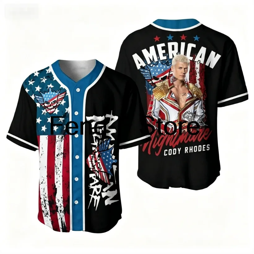 3D Cody Rhodes American Nightmare Baseball Jersey V-Neck Short Sleeve Button-up Shirts Women Men Outdoor Streetwear