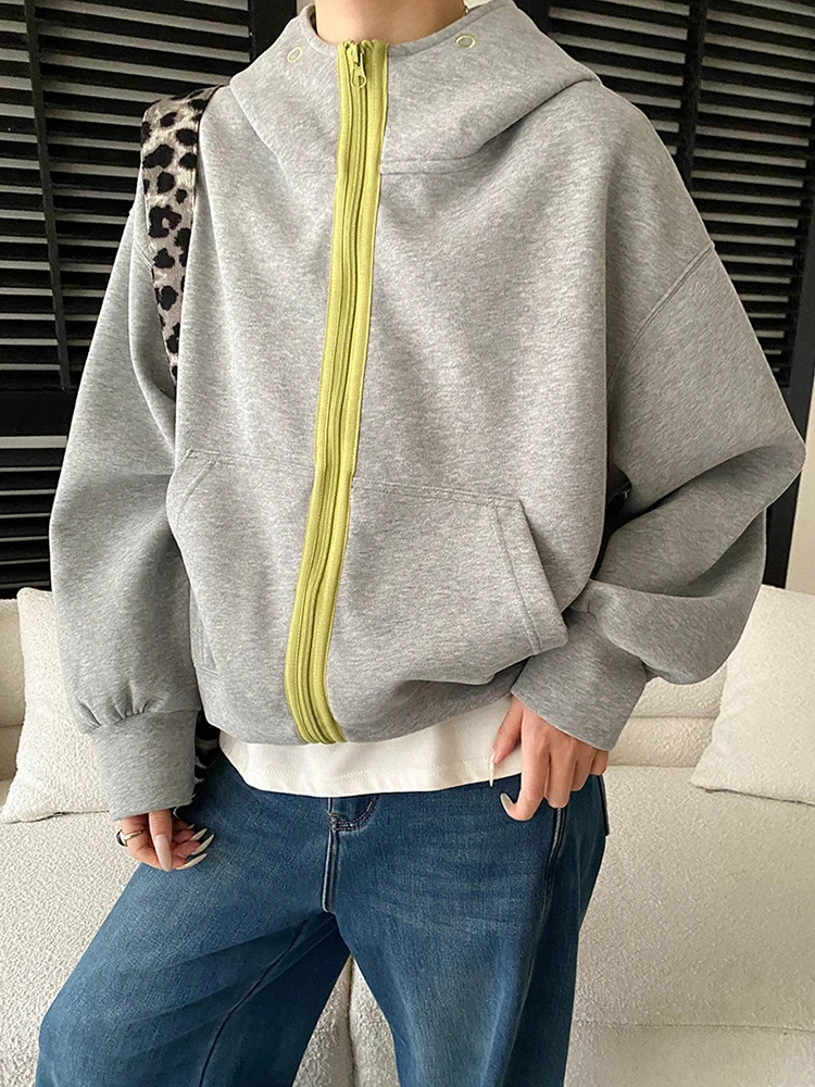 YERMORA Women's Gray Color-Block Zipper Casual Hoodie Long Sleeve Loose Fit New Sweatshirt Fashion Tide Spring Autumn 2026