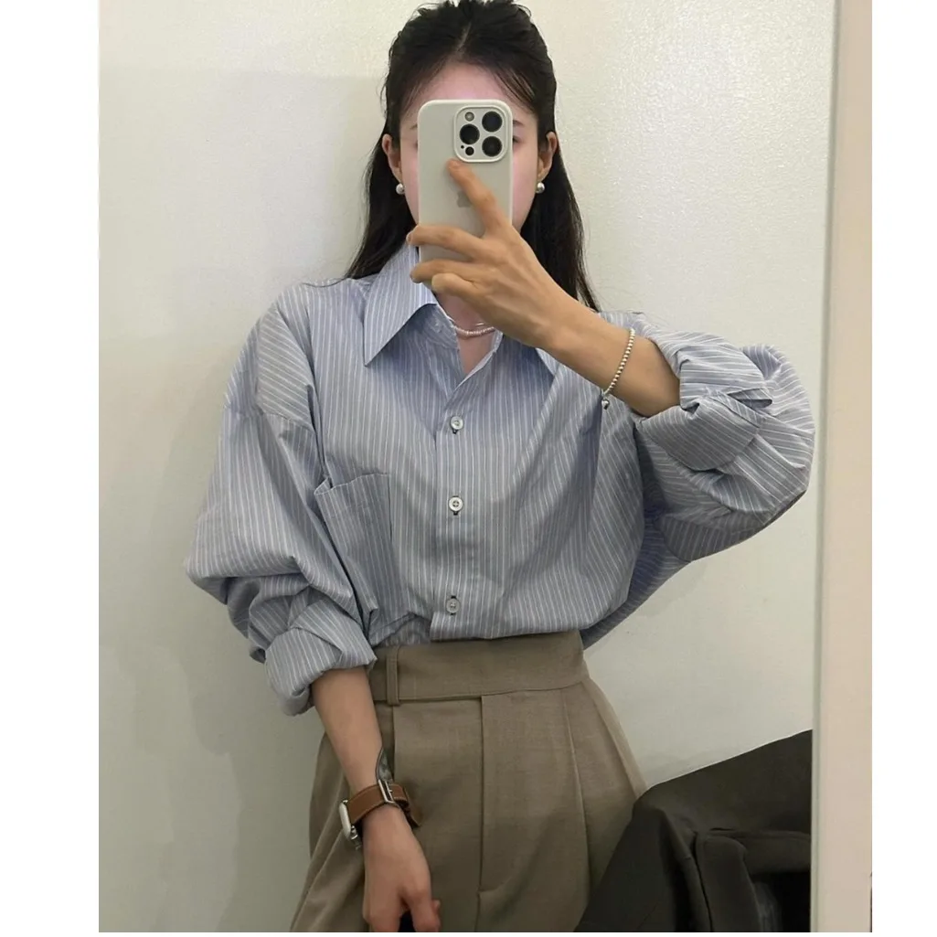 

Chic Early Autumn Casual Striped Women's Long Sve irt Loose Fit Cotton 00% Busin Casual Sle