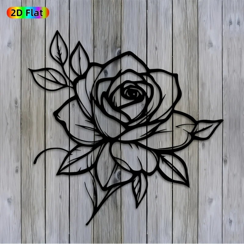 Vintage Rose Metal Wall Sculpture,2D Flat Laser‑Cut Silhouette,Weather‑Resistant Rust‑Proof Iron Wall Mural,Indoor Outdoor