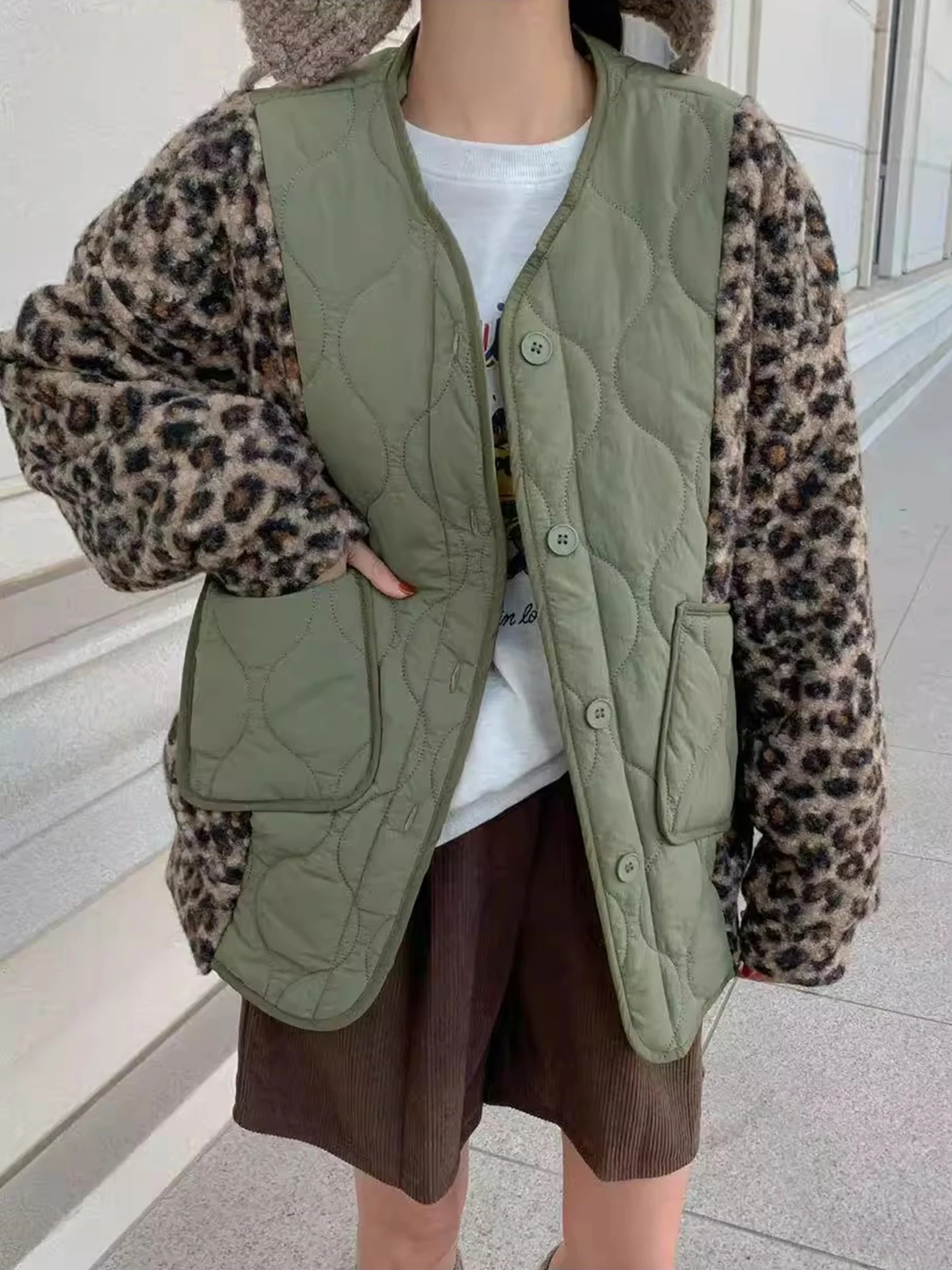 

Женская хлопковая куртка Thiened с леопардовым принтом и ромбовидным узором, теплая зимняя верхняя одежда, V-Ne Long Sve