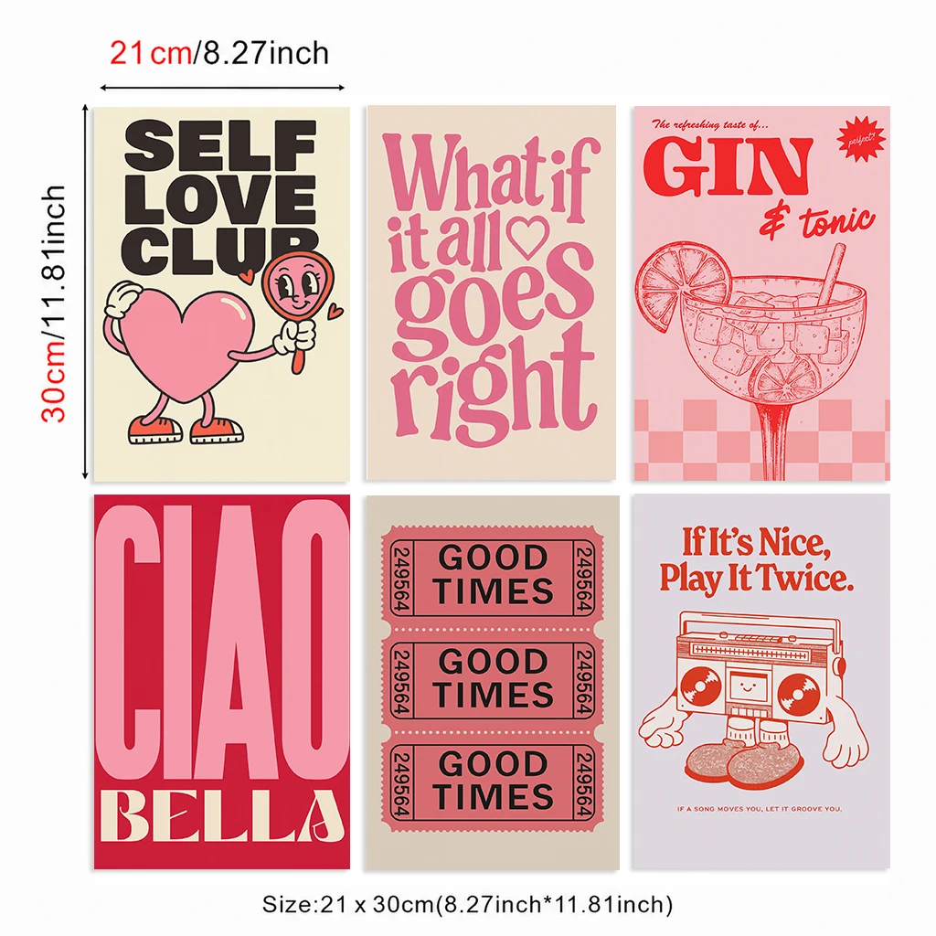 Set of 6 Girls Canvas Wall Art Prints Self Love Club Heart Quote Posters Bedroom Playroom Home Decor Gift Sets Cute Modern