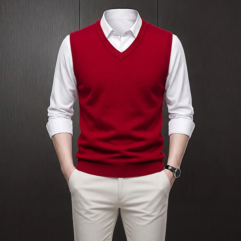 Herren V-Ausschnitt Einfarbige Strickweste Ärmellose Strickjacke Business Casual Slim Fit Pullover Tank Top Winter Warme Strickware – Detail 5