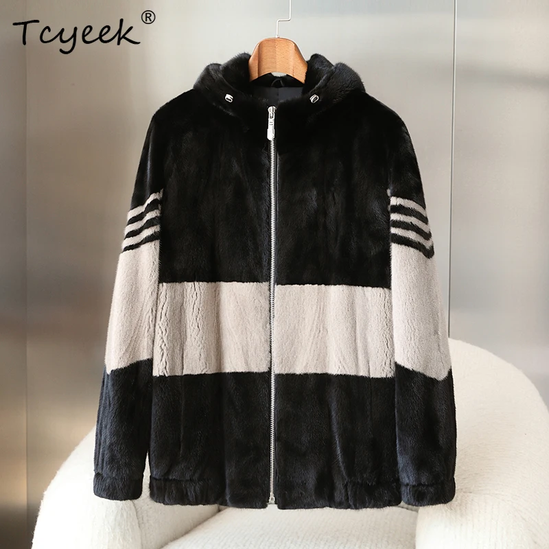 Tcyeek luxo natural casaco de pele de vison dos homens roupas de inverno inteiro vison casacos dos homens jaqueta de pele real novo em casacos com capuz Куртка muжannt