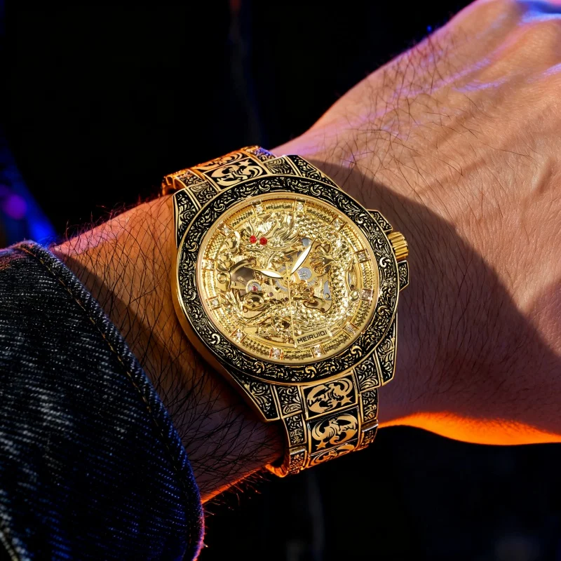A men's yellow retro style high-end carved yellow dragon fully automatic mechanical watch - Image 5