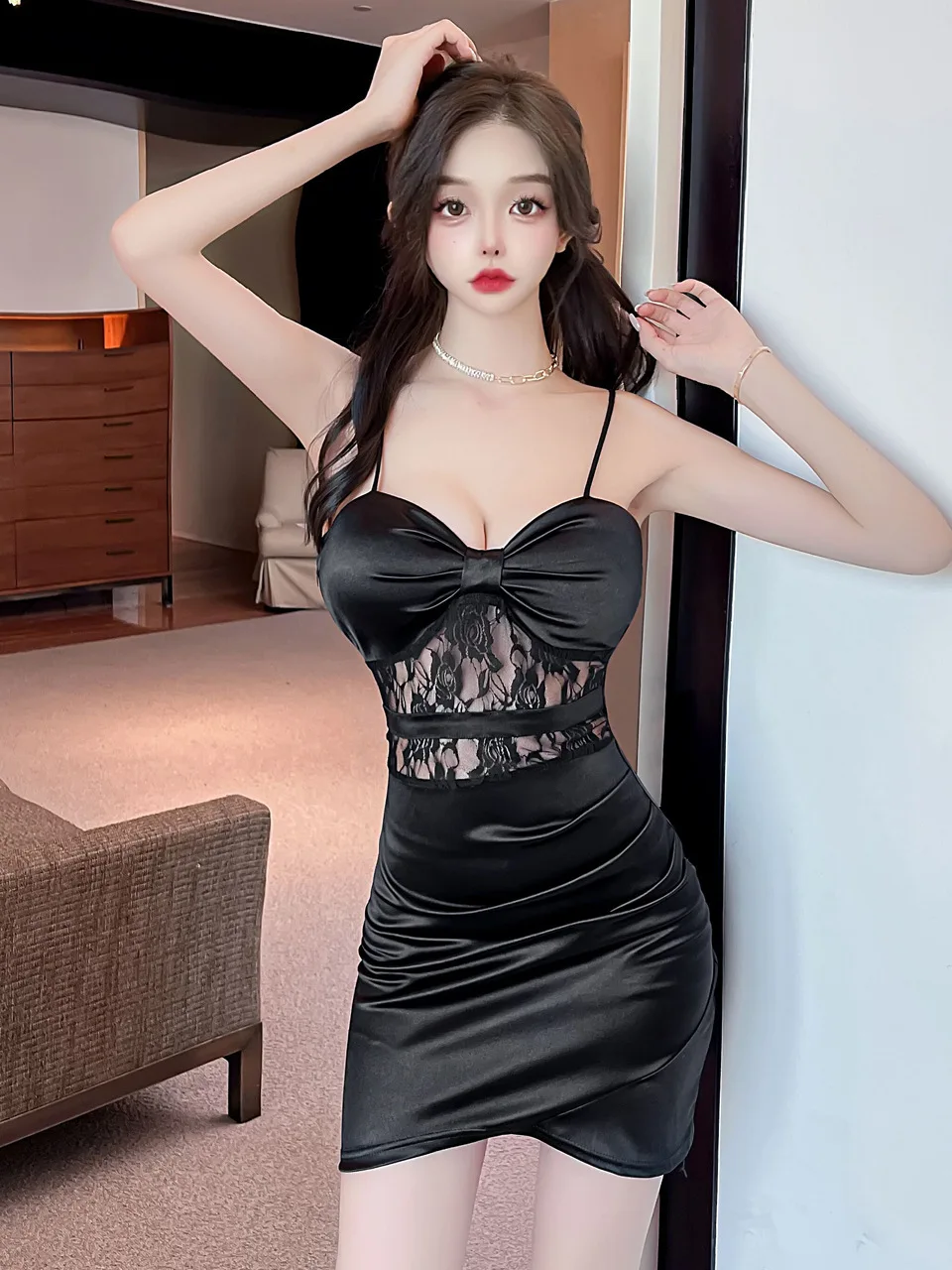 New 2023 Summer Women\'s Sexy Lace Transparent Leopard Pattern Hanging Strap Wrap Hip Dress Irregular Fashion Mini Dress IFY6