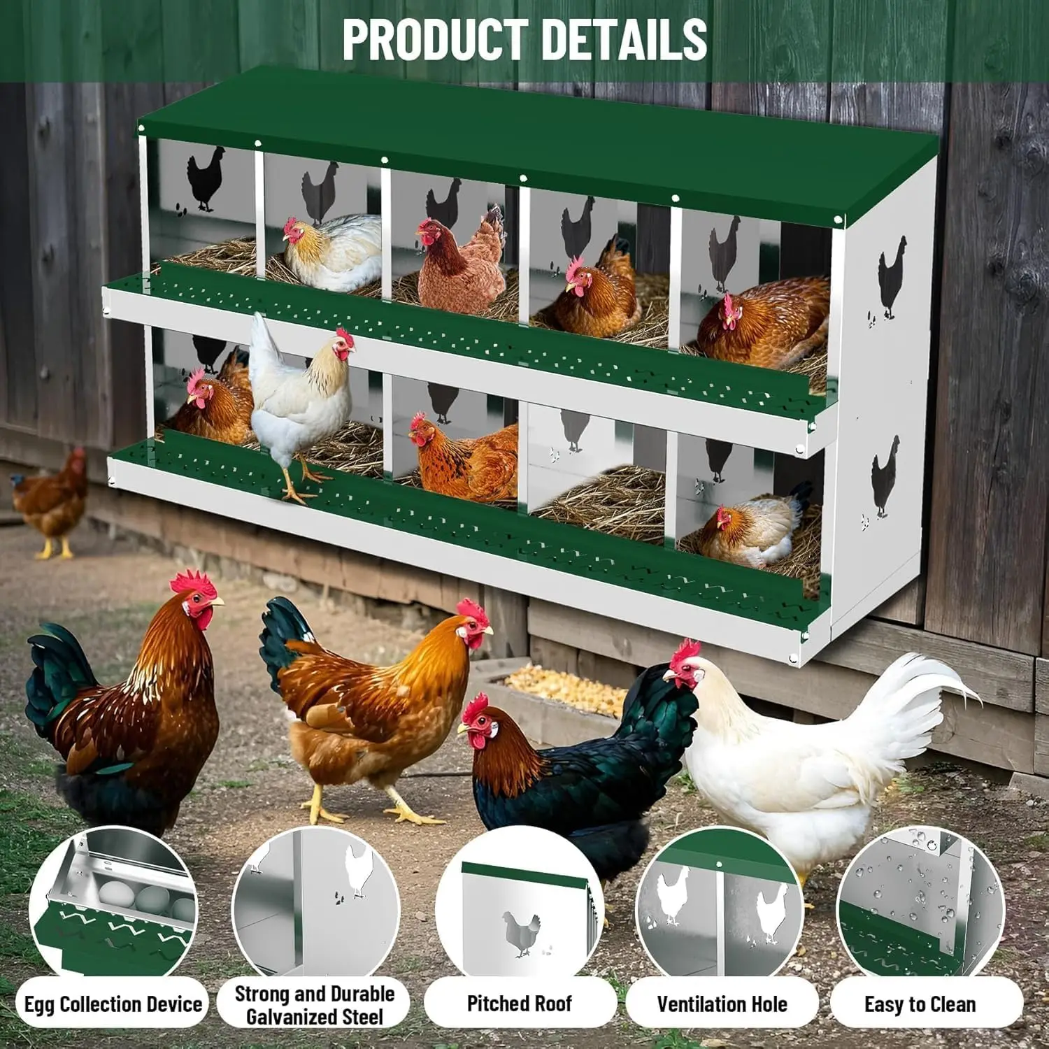 Metal Chicken Nesting Boxes Heavy-Duty Galvanized Steel Egg Laying Box with 10 Compartments Wall-Mountable for Poultry Coops