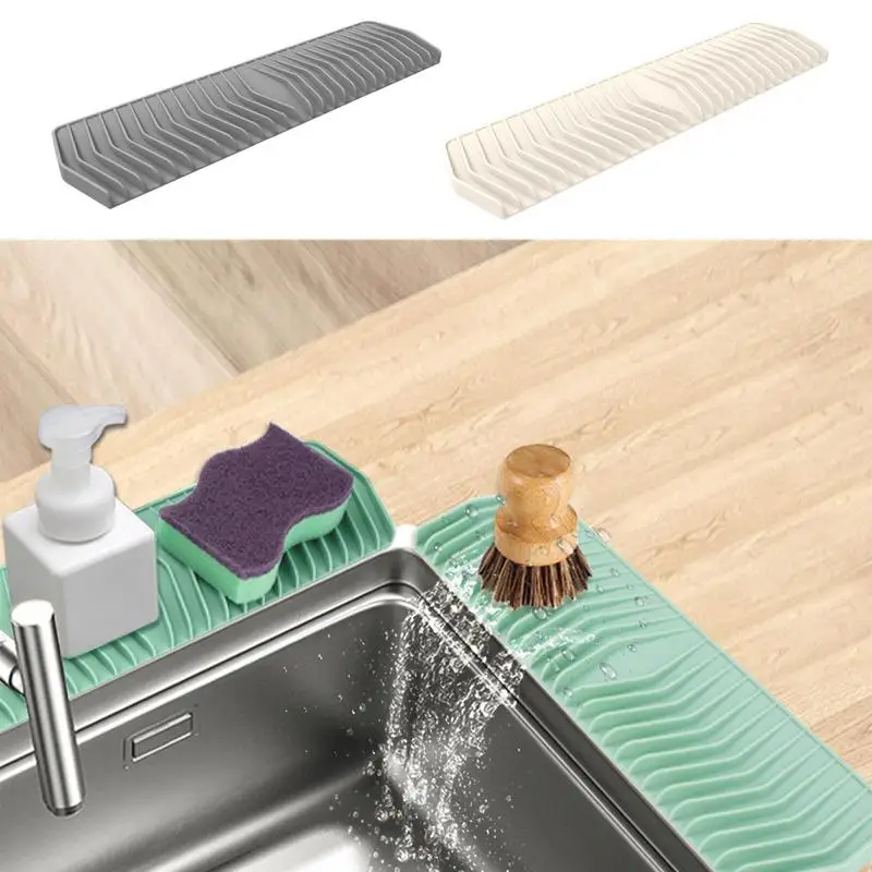 Silicone Drying Mat Foldable 13 X 3 Inch Kitchen Dish Drainer Non-Slip Faucet Splash Guard and Slope Hole Faucet Handle Drip