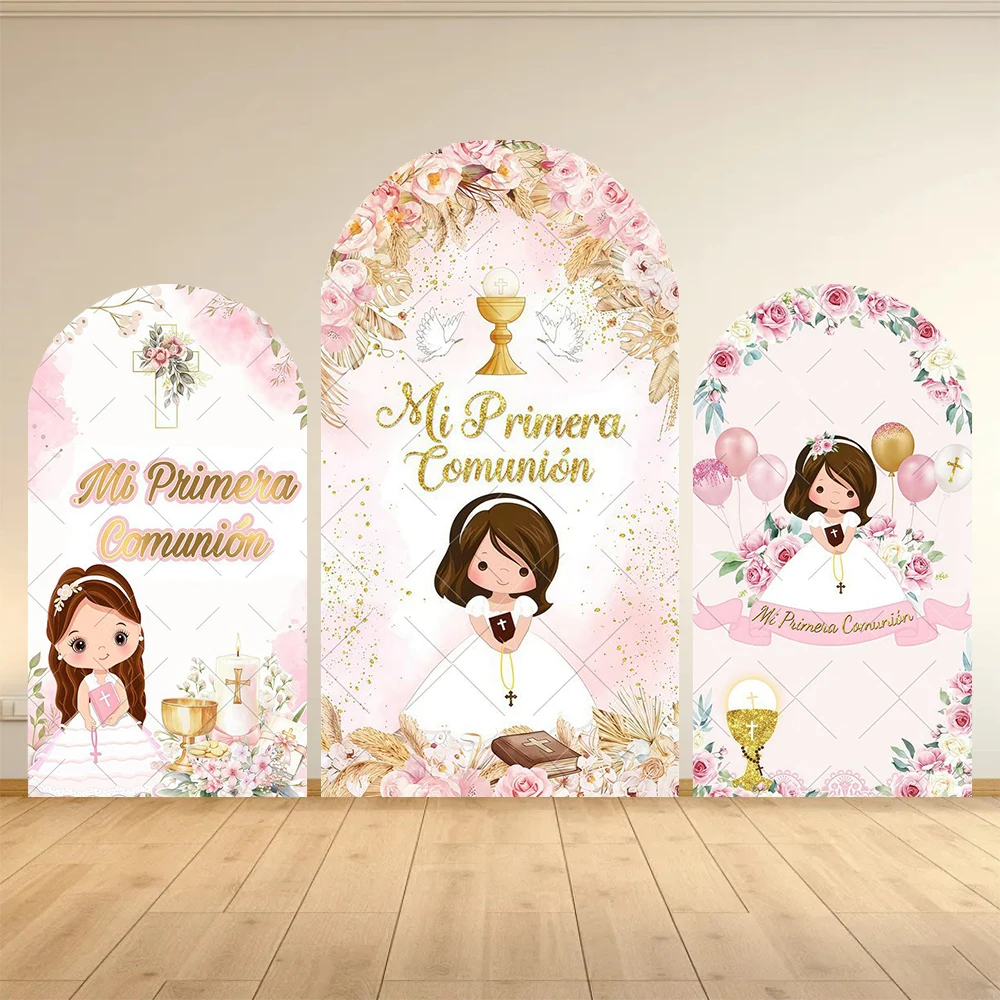 Fondo para Bautizo con Diseño de Cruz Dorada, Palomas y Flores para Fotografía de Fiesta de Bautizo de Bebé