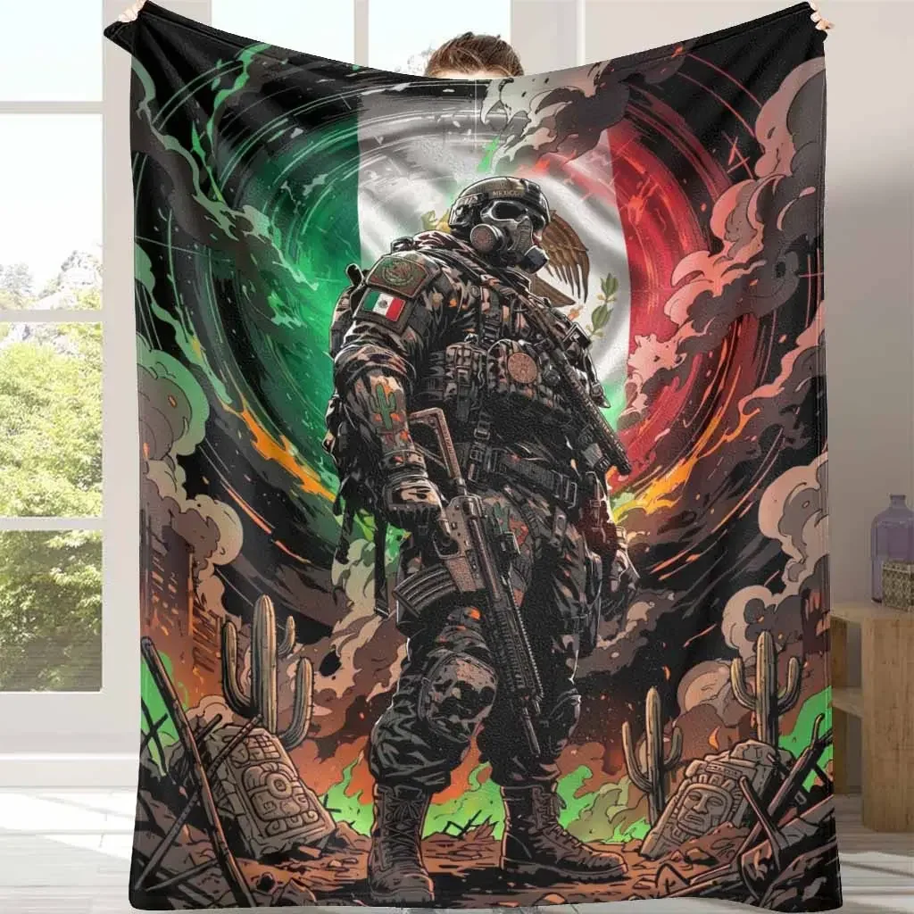 Mexican Soldier Theme Flannel Printed Blanket - Tactical Warrior National Flag Pattern, Fluffy Soft Warm Breathable Wrinkle-Resistant Durable Microfiber Throw, Cozy Lightweight Decorative Bedding for Living Room, Business Trips Gift, Fluffy Soft Blanket