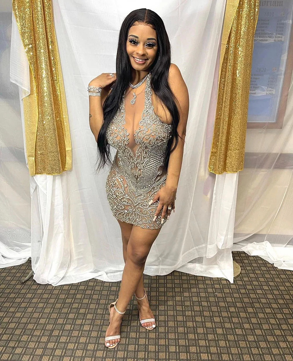 

Black Girl Diamond Short Prom Dresses 2023 Sexy See Through Luxry Handmade Beads Crystals Mini Dress Cocktail Party Gowns