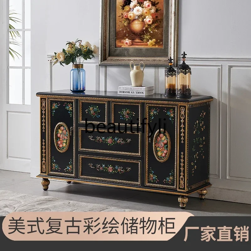 

P French Spot Luxury Hand Painted Gold Foil Foyer Entrance Cabinet European Solid Wood Birch Furniture Locker