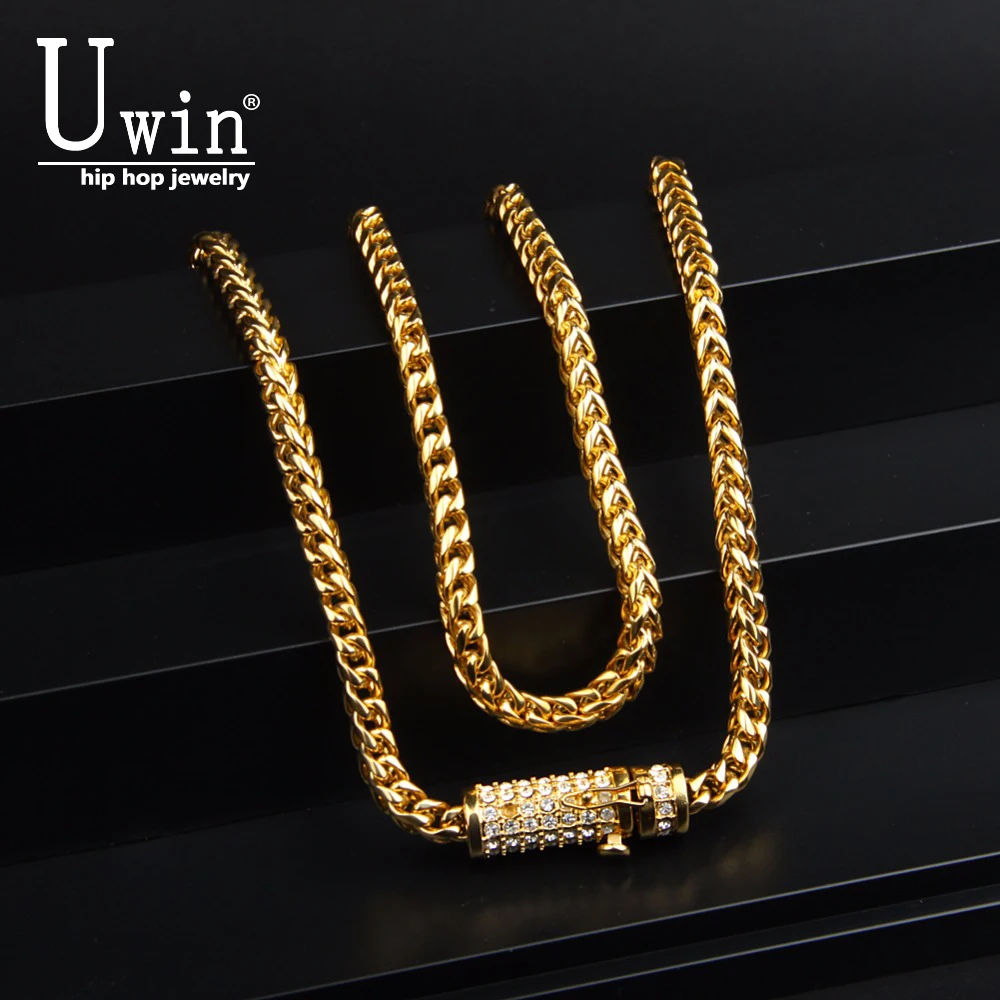 

UWIN 6mm Gold Stainless Steel Franco Cuban Box Chain Link Necklace 30" Mens Hip Hop Necklace Iced Out Rhinestone Clasp