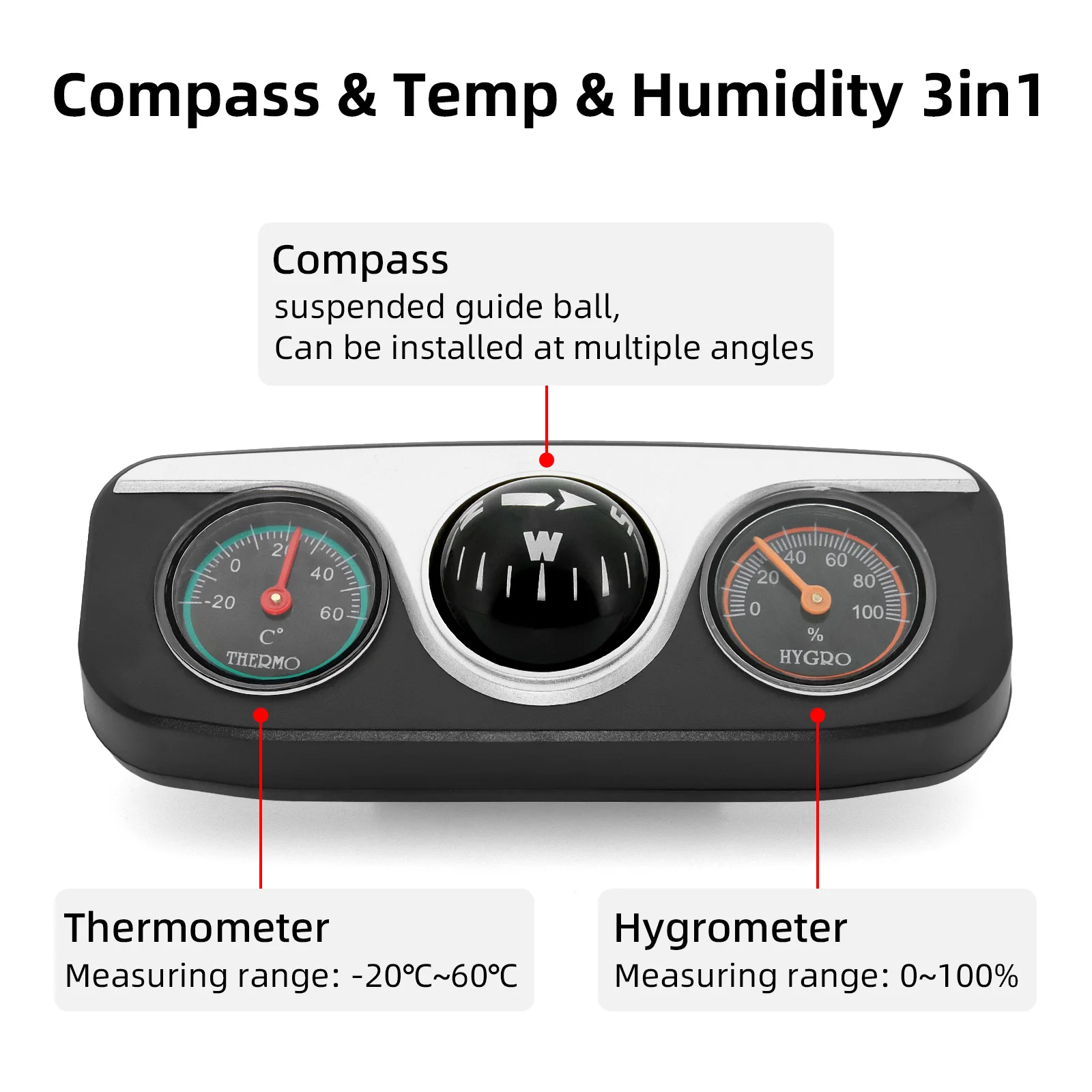 3 in 1 Car Vehicle Dashboard Thermometer Hygrometer Compass Navigation Ball Accurate Pointing Auto Interior Accessories