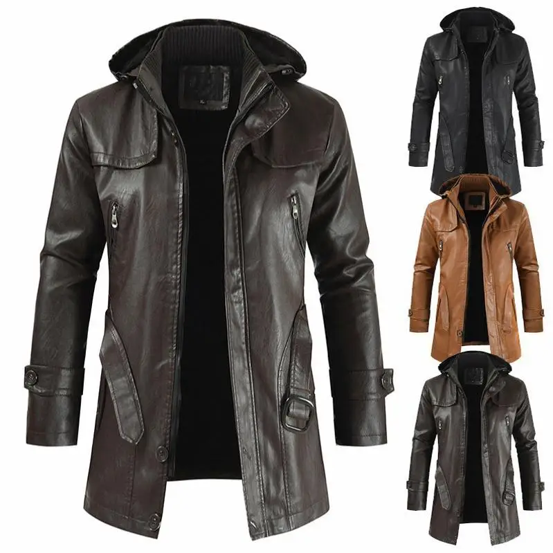 

Men's Winter Thiened Fce Lined Leather Jaet Coat Mid-Length Zipper Waist Belt Vintage Sle Faion Urban Casual Leath...