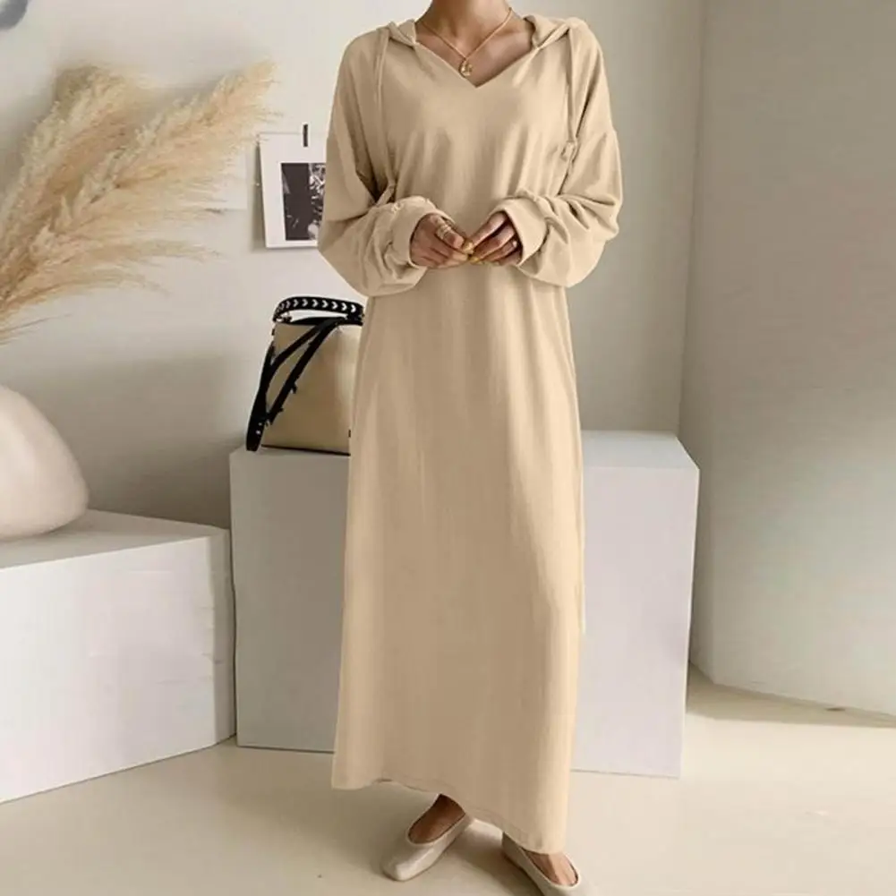 

Women Spring Fall Dress Drawstring Autumn Women's Loose Hooded Long Dress Lady Warm Casual Large Pocket Dresses For Women