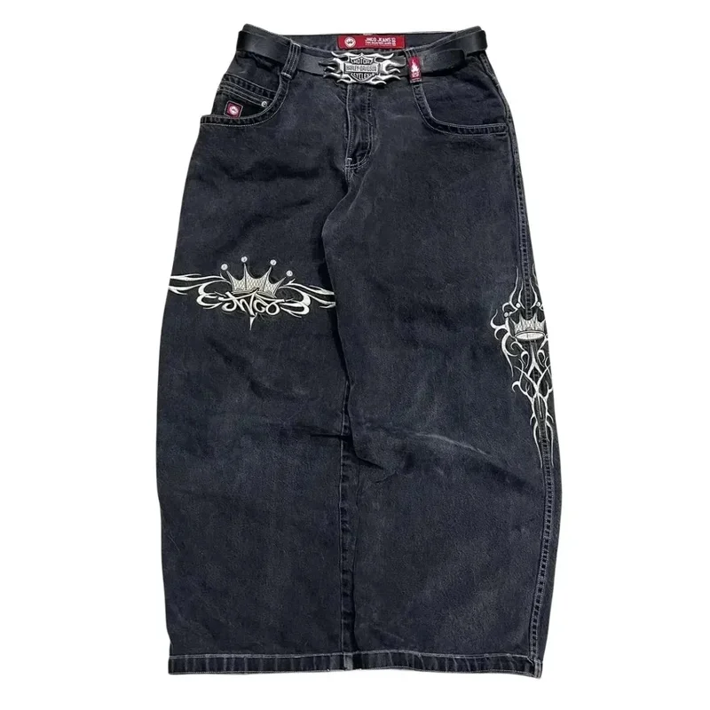 JNCO-Harajuku Retro Bordado Calças Jeans Baggy para Mulheres, Cintura Alta, Calças Largas, Streetwear Gótico, Calças Hip Hop, Y2K, Preto, Novo