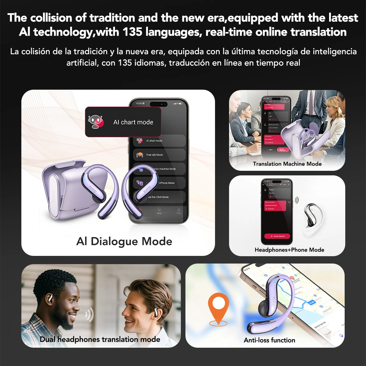 번역기 HTC NE23 OWS 무선 헤드폰 6.0 번역 이어폰 듀얼 소음 감소 통화 IP55 전문 보호