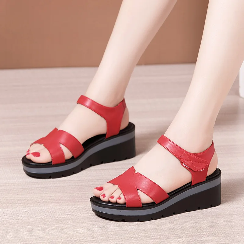 High quality summer wedge leather sandals for women 6cm high heel 2024 size 33 34 43 platform open toe elegant shoe black white