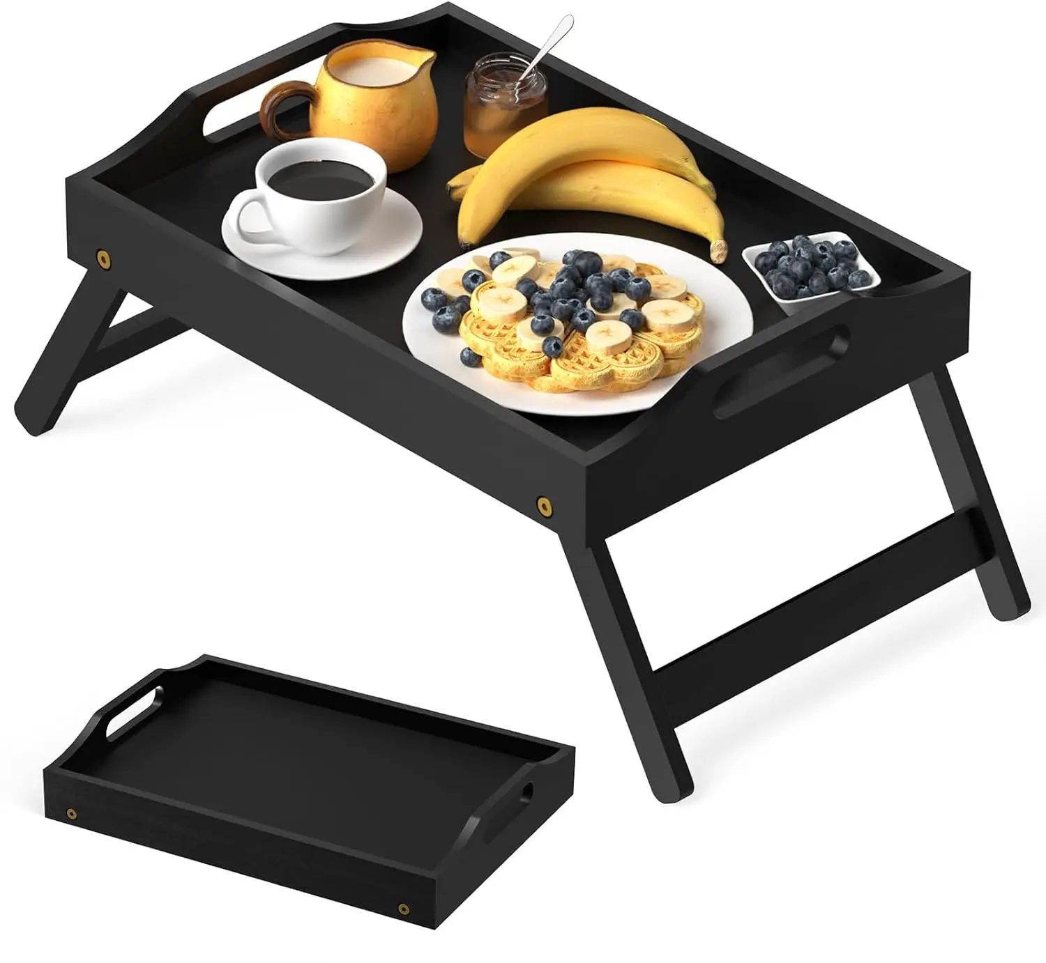 

Foldable Bamboo Breakfast Tray with Folding Legs - Portable Serving Tray for Bed, Sofa, Picnic - Black