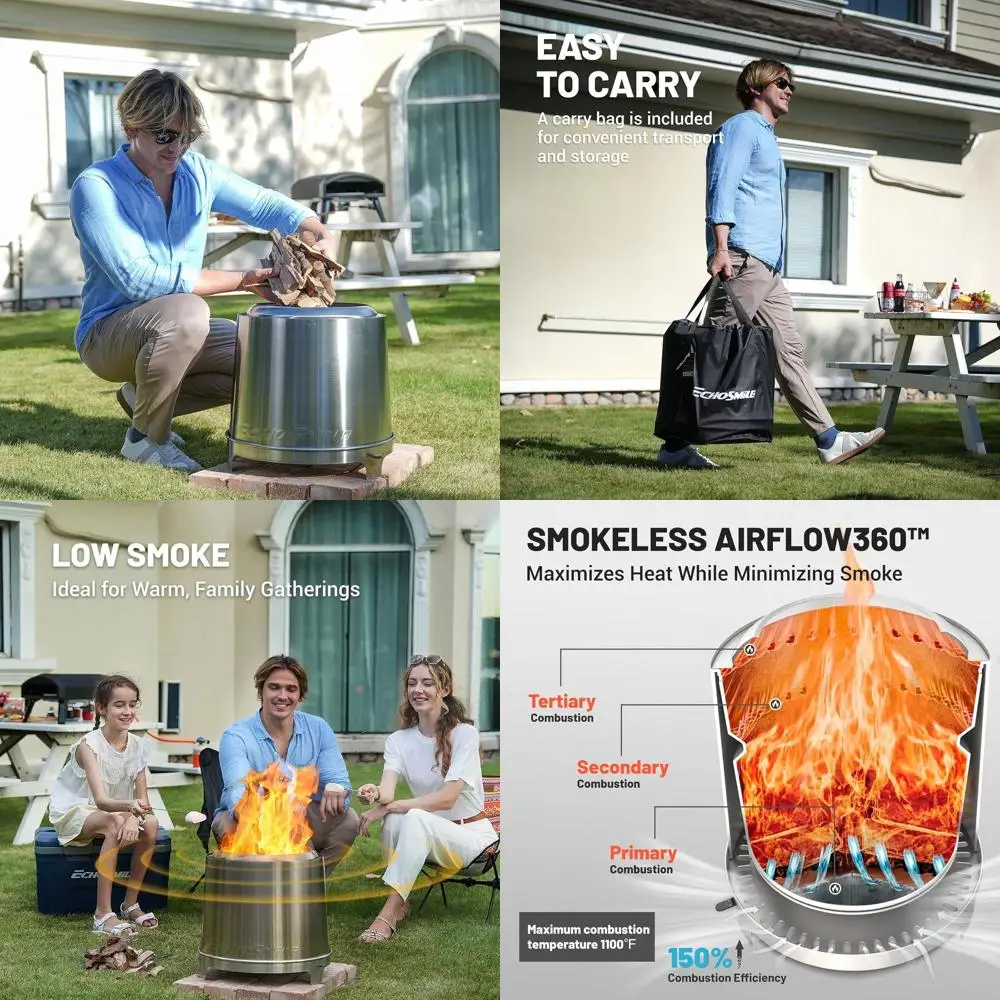 

Портативная дровяная печь из нержавеющей стали 18 калибра с регулируемым воздушным потоком, 3-ступенчатым сжиганием и съемным зольником для использования на открытом воздухе