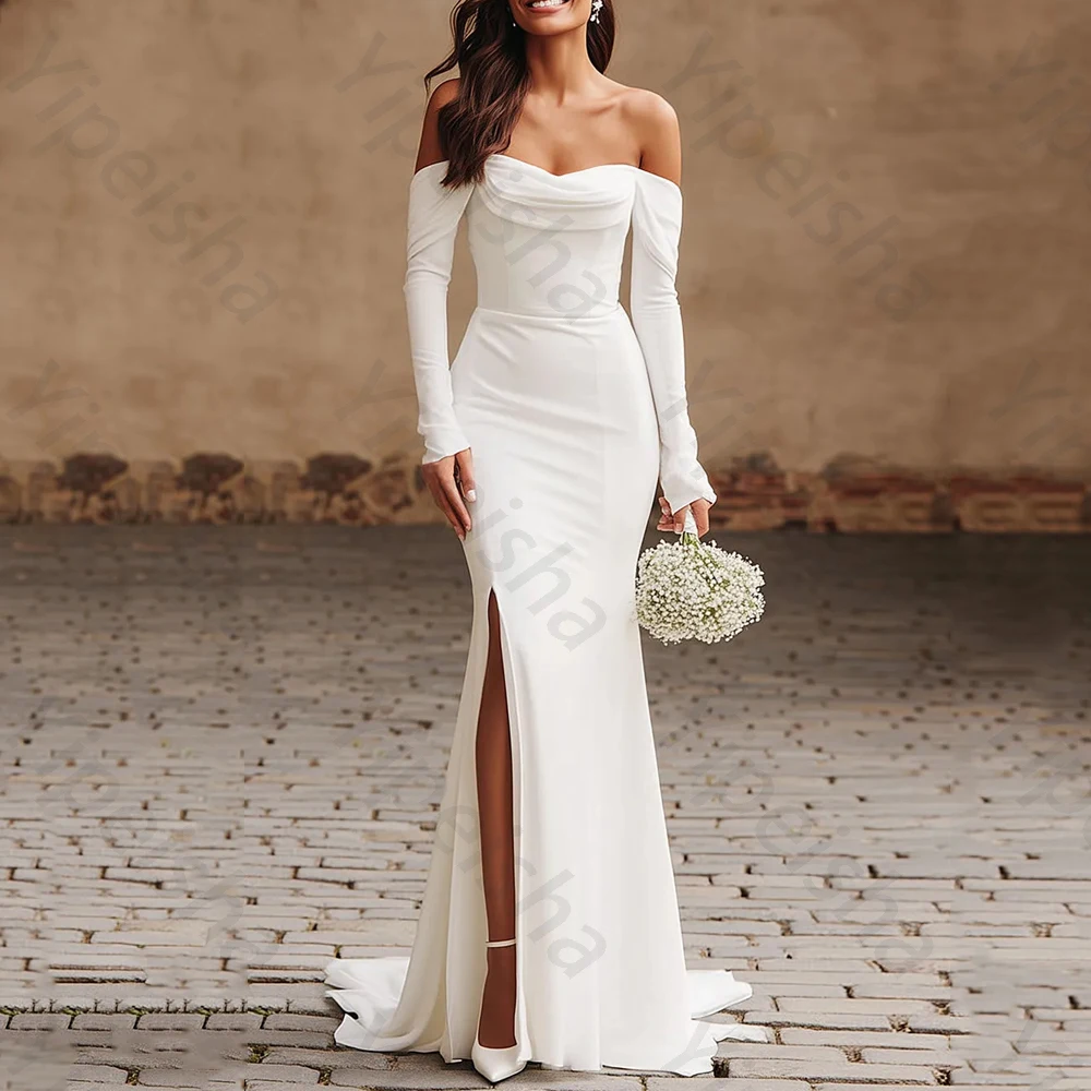 

Off-shoulder Mermaid Long Sleeves Sweep Train Evening Dresses Exquisite High Quality Sexy Prom Party Gowns for Women Customized