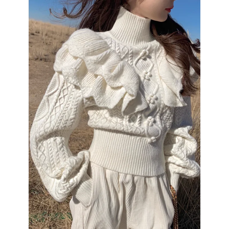 

Trunk Neck Twist Sweater Women's Ruffle Thread Solid Color Long Sleeve Pullover Casual Fashion Top