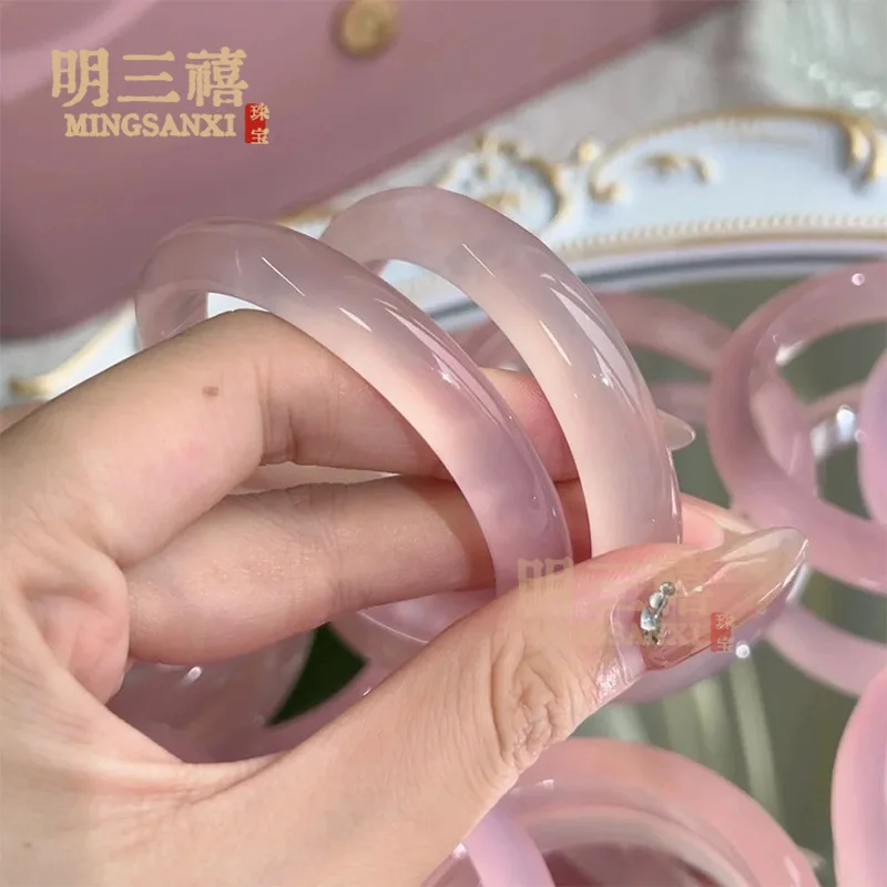 

Высококачественный браслет из халцедона с узором вишневого цвета, плоский, прозрачный, как лед, из агата-нефрита, розовый, тонкий, круглый, изящный.