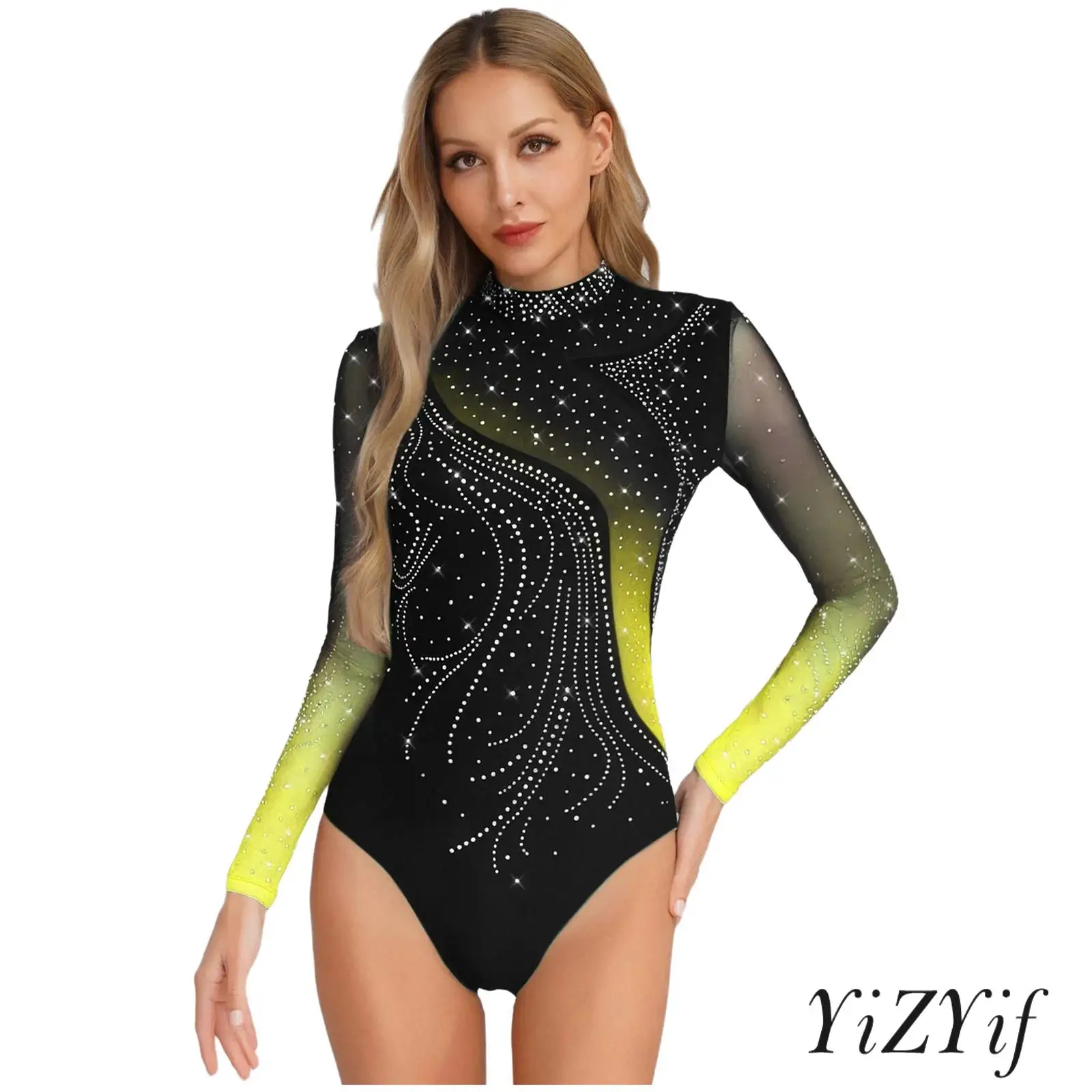 

Womens Figure Skating Leotard Rhinestone Streamlined Splice Long Sleeve Bodysuit Ballet Gymnastic Practice Performance Clothes
