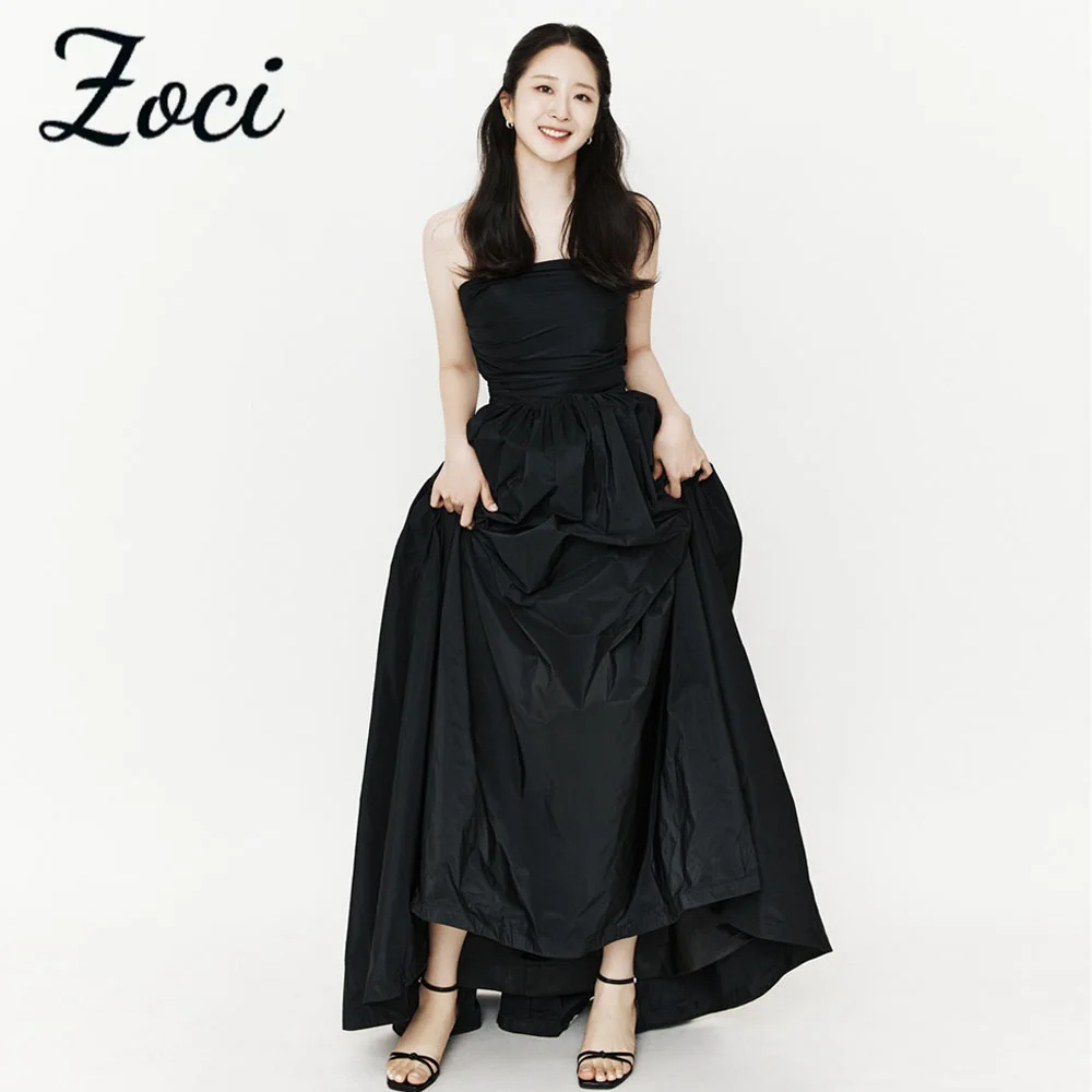 

Zoci Simple Black Korea Evening Dresses Photos Shoot Customized Sleeveless A Line Sweep Train Taffeta Wedding Dress Bridal Gown