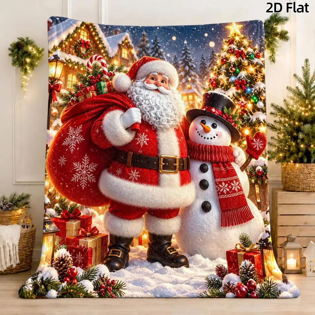 1pc 2D Flat DIY Coloring Throw Blanket, Snowman & Christmas Tree Line Art, Oil Painting Santa with Red Gold Snowflakes Decor