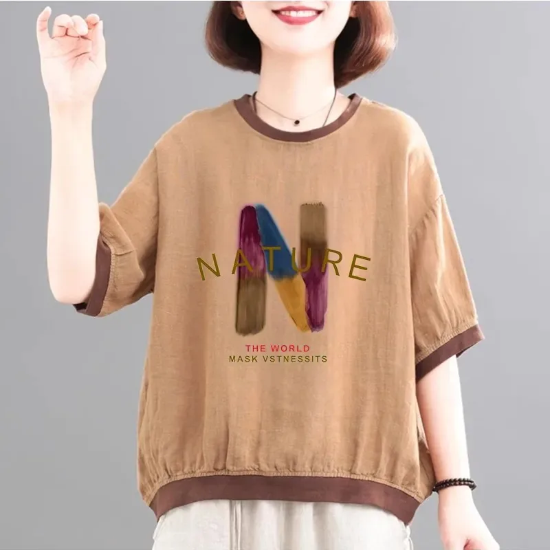 Korean Retro Style Women Letter Print Cotton Linen T-shirt Contrast Trim Short Sleeve Loose Plus Size Casual Summer Tops S-4XL