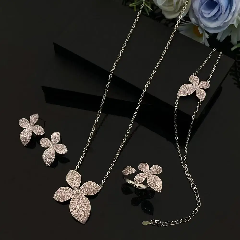 

Ювелирный набор JRH Fashion «Четырехлистный клевер» для женщин: позолоченное медное украшение с цирконами (браслет, кольцо, ожерелье, серьги) для повседневной носки