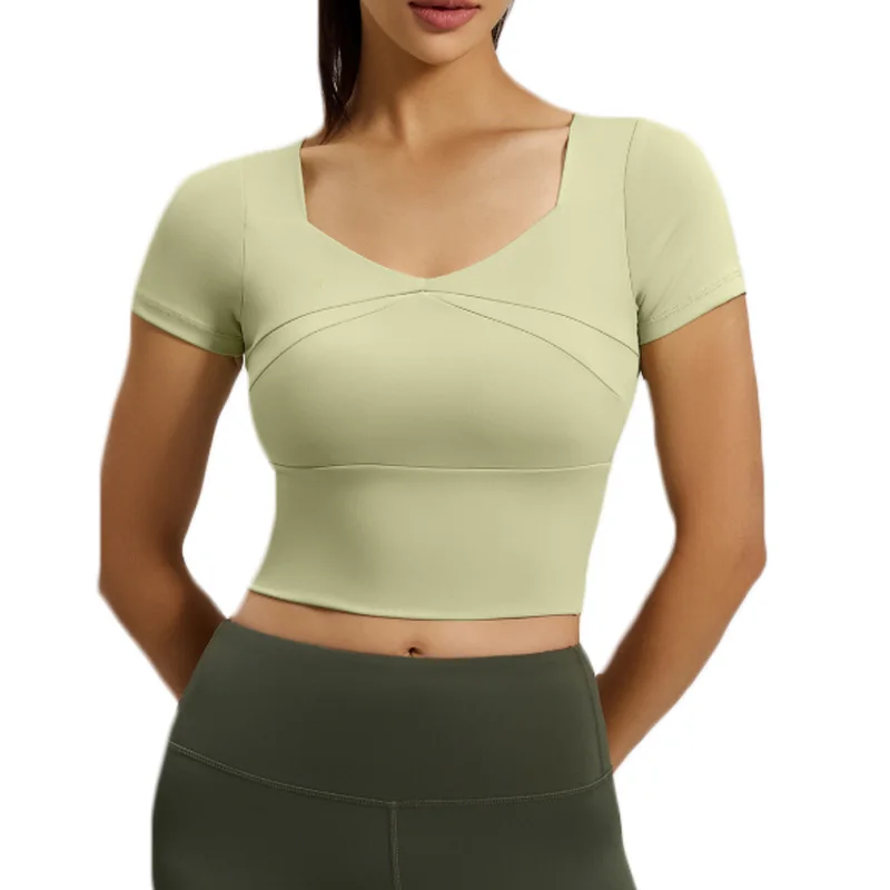 

Спортивный топ PofyBofy для йоги со встроенным бюстгальтером, укороченный топ для фитнеса с коротким рукавом, с вырезом-лодочкой, для тренировок, активный топ-бра