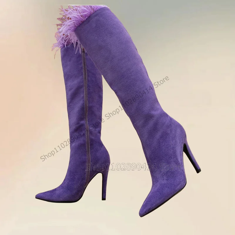 

Purple Black Feather Flock Pointed Toe Boots Side Zippper Women Shoes Thin High Heels Fashion Banquet 2023 Zapatos Para Mujere