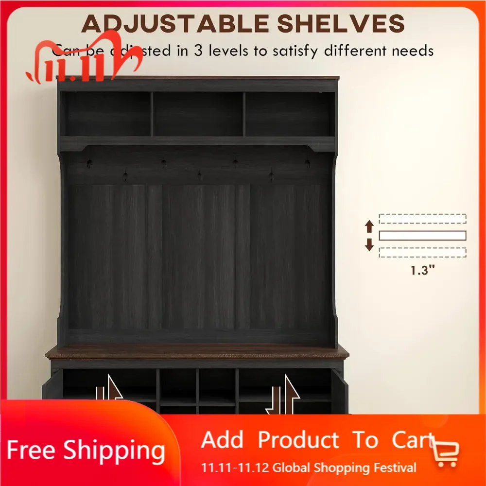 

Многофункциональная вешалка-стойка 3-в-1 для прихожей с местом для хранения, в стиле фермерского дома, с сиденьем и семью крючками для обуви, черная, под дерево