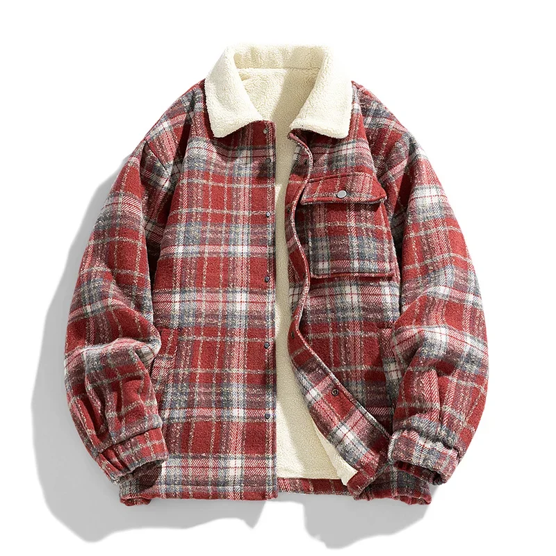 American Vintage Mens Plaid Fleece Lined Jacket Thick Warm Cargo Jackets for Men Winter Coats Autumn Fleece Windbreaker Parkas