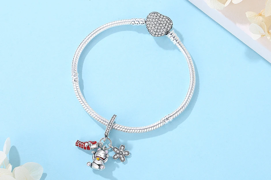 925 Sterling Silber Glücksbringer Katze Chinesisches Neujahr Anhänger Perlen Japanisches Mädchen-Design Passend für Marken-Armbänder Halsketten Damenschmuck – Detail 6