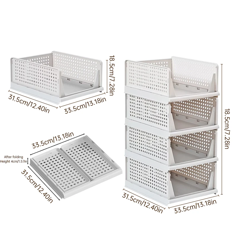 4pcs Foldable Stackable Wardrobe Storage Organizers with Slide Rail Plastic Cupboard Baskets Clothes Storage Boxes Drawers