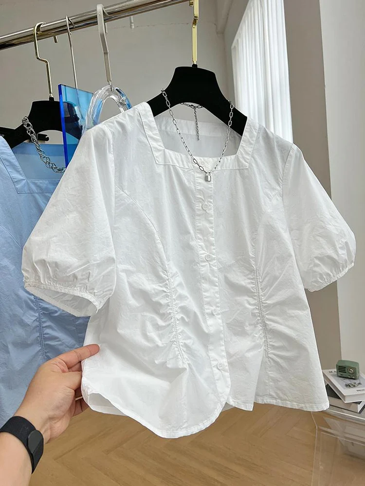 Summer Simplicity Trend Solid Color Square Collar Short Sleeve Shirts Women Clothes Design Sense Niche Casual Tops