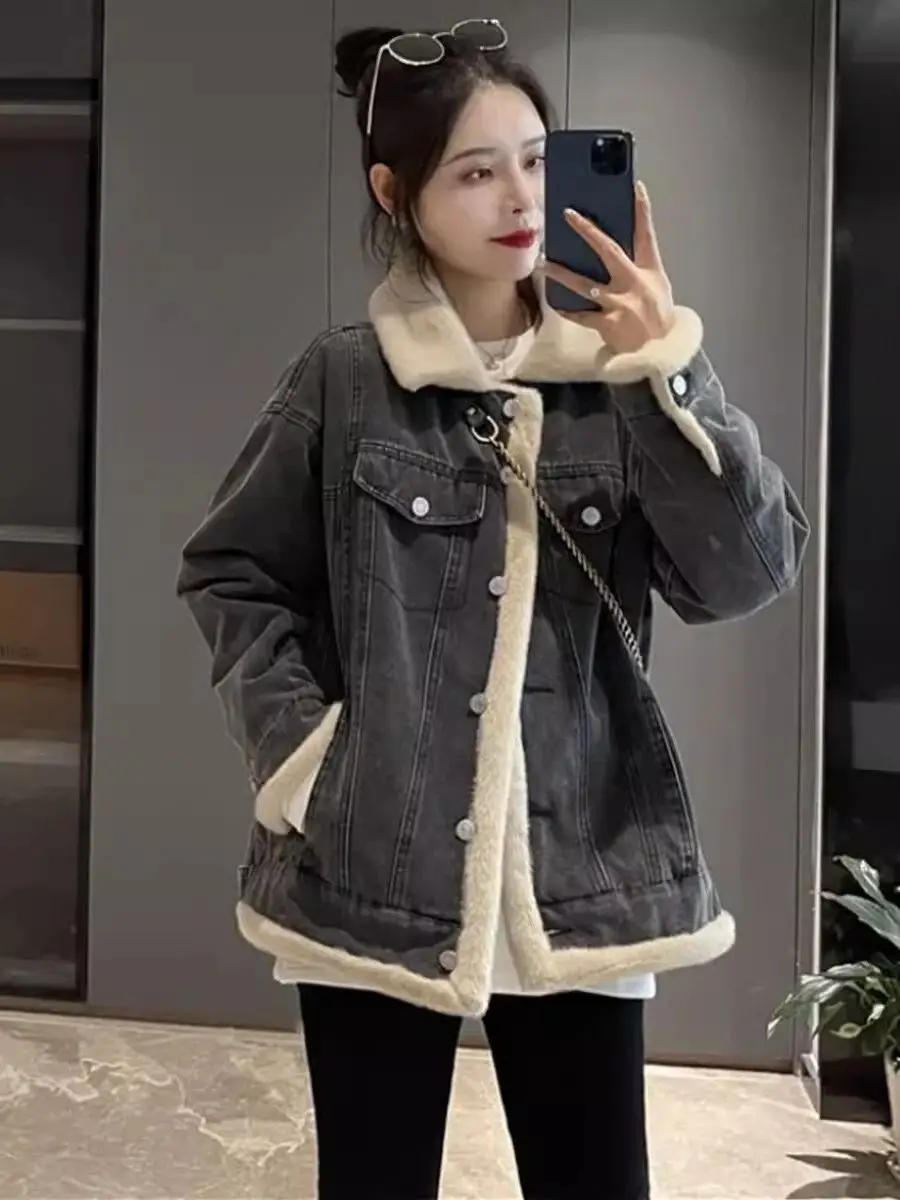 

Джинсовые пальто для женщин, куртки с длинными розовыми рукавами и лацканами, женские меховые плюшевые женские зимние двубортные стеганые плотные флисовые подкладки