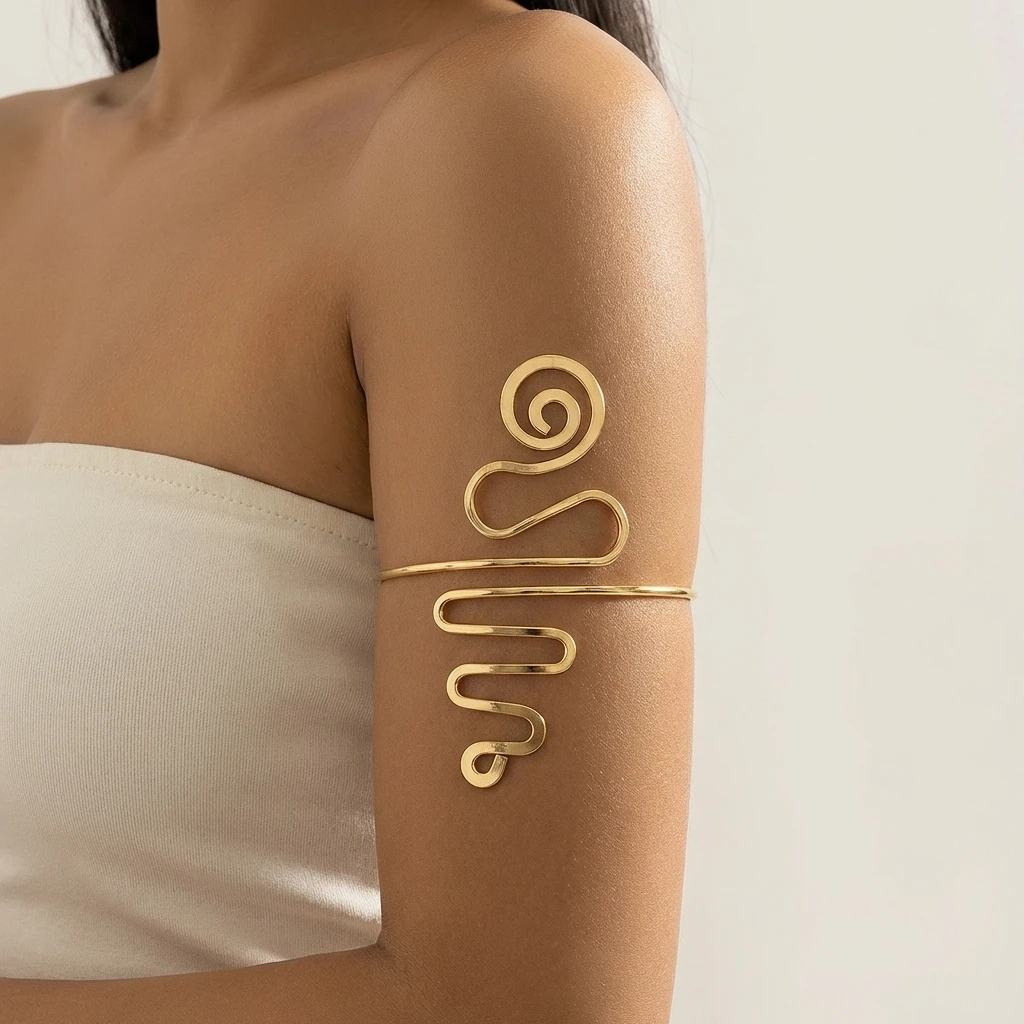Kreative Geometrische Linien-Spiral-Herz-Armreifen für Frauen mit Wassertropfen-Steinanhänger, Offener Armreif, Ästhetischer Schmuck