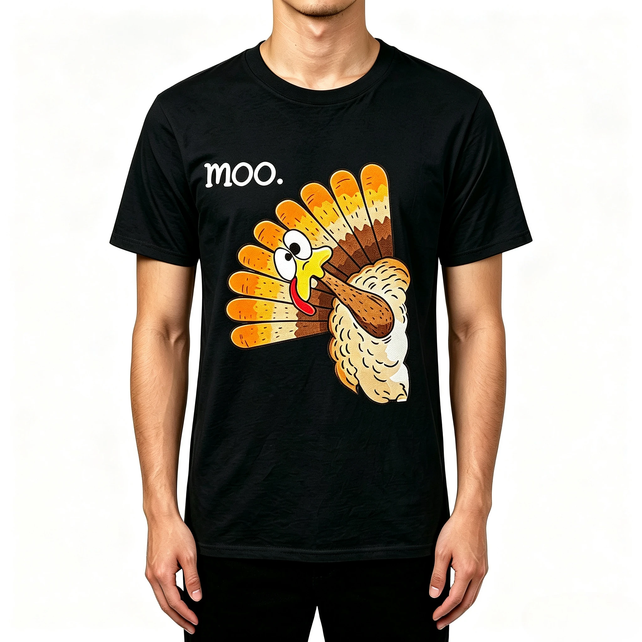 Men Simple Modal Short Sleeve T-shirt Cartoon Turkey Moo Print Funny Thanksgiving Graphic Casual Tee