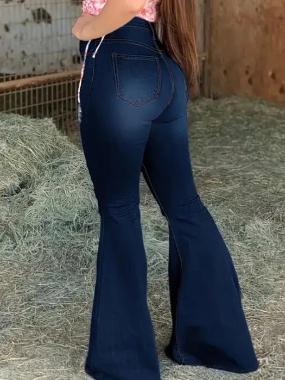 2025 가을 신상 솔리드 컬러 하이웨이스트 샌드블라스트 홀 디자인, 빅 벨 바텀 팬츠, 여성 패션 트렌드 슬림 핏 청바지