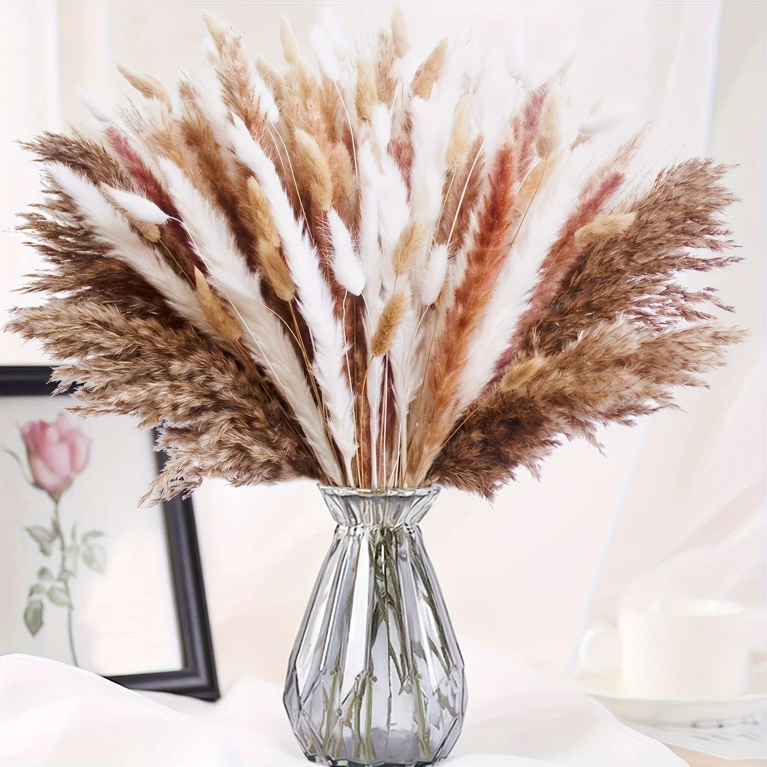 

130PCS Pampas Natural Preserved Flowers Wedding Decoration Dry Plant Bunny Tail Grass Hoom Room DIY Decors Perfect for Christmas