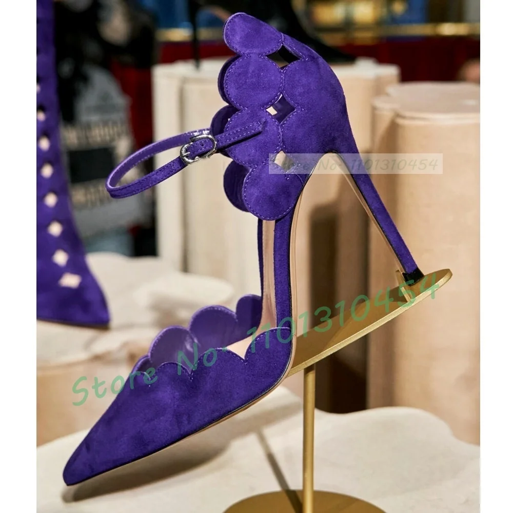 Purple Scalloped High Heels Sandals Women Luxury Front Strap Suede Pointy Toe Shoes Ladies All Match Elegant Concise Sandals