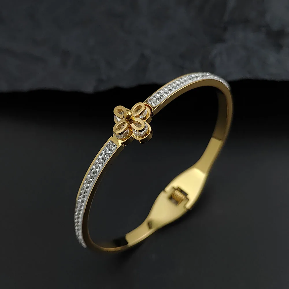 Starry Zircon Four-leaf Clover Stainless Steel Gold Plated Bracelet, High Quality Waterproof Silver Girls Bracelet