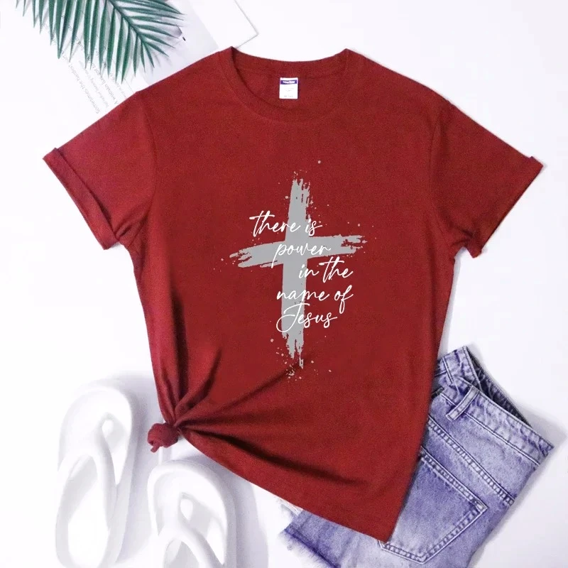 There Is Power in The Name of Jesus Printed Summer TShirt Women Short Sleeve Ound Neck T-shirt Casual Women Top Clothing